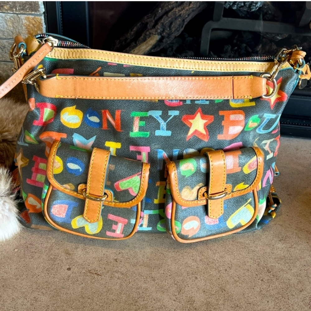 Dooney & Bourke vintage black with scribble print shoulder bag w/ rainbow zipper